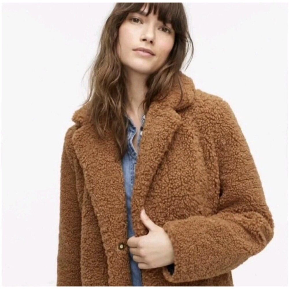 J Crew Teddy Sherpa Topcoat Size XS Lined Pockets Snap Buttons Plush Brown - Picture 13 of 13